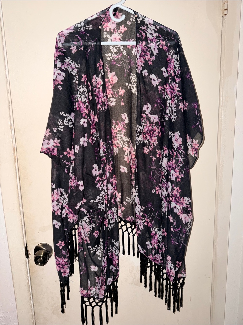 a new day Black Floral Fringe Kimono Cardigan with Pink Blossoms
